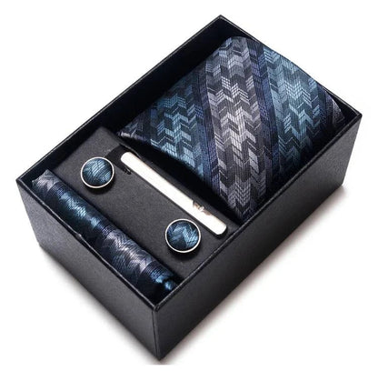 Sophisticated Silk Necktie Ensemble for Men: Complete Set with Necktie, Handkerchief, Cufflinks, and Tie Clips in Gift Box – Perfect Father's Day Gift - Home Fads