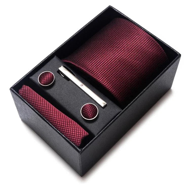 Sophisticated Silk Necktie Ensemble for Men: Complete Set with Necktie, Handkerchief, Cufflinks, and Tie Clips in Gift Box – Perfect Father's Day Gift - Home Fads