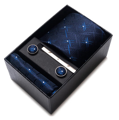 Sophisticated Silk Necktie Ensemble for Men: Complete Set with Necktie, Handkerchief, Cufflinks, and Tie Clips in Gift Box – Perfect Father's Day Gift - Home Fads