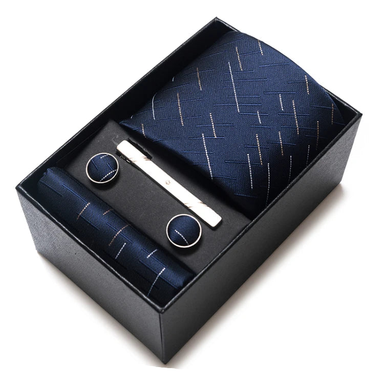Sophisticated Silk Necktie Ensemble for Men: Complete Set with Necktie, Handkerchief, Cufflinks, and Tie Clips in Gift Box – Perfect Father's Day Gift - Home Fads