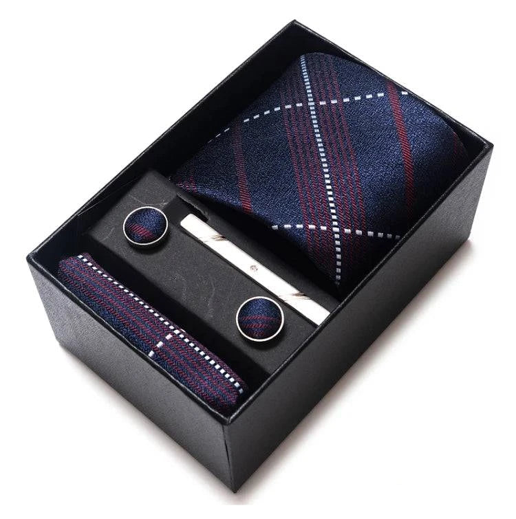 Sophisticated Silk Necktie Ensemble for Men: Complete Set with Necktie, Handkerchief, Cufflinks, and Tie Clips in Gift Box – Perfect Father's Day Gift - Home Fads