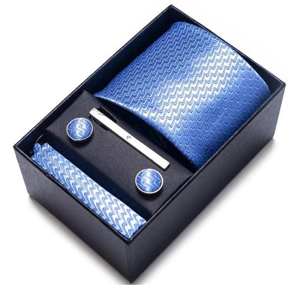 Sophisticated Silk Necktie Ensemble for Men: Complete Set with Necktie, Handkerchief, Cufflinks, and Tie Clips in Gift Box – Perfect Father's Day Gift - Home Fads