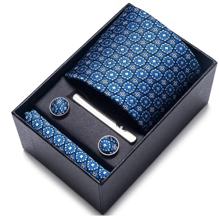Sophisticated Silk Necktie Ensemble for Men: Complete Set with Necktie, Handkerchief, Cufflinks, and Tie Clips in Gift Box – Perfect Father's Day Gift - Home Fads