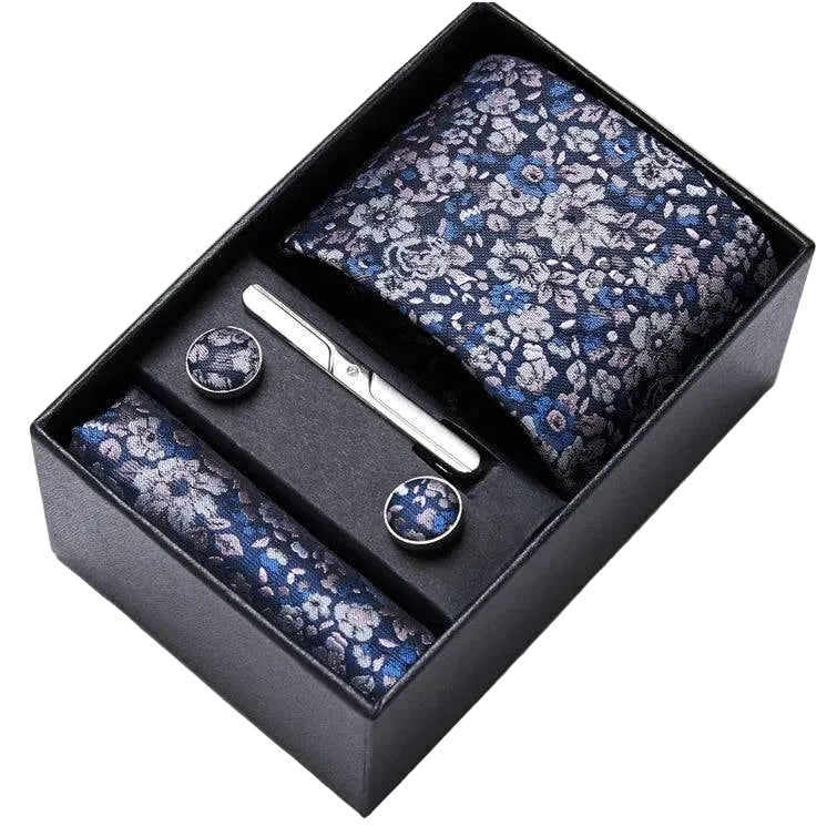 Sophisticated Silk Necktie Ensemble for Men: Complete Set with Necktie, Handkerchief, Cufflinks, and Tie Clips in Gift Box – Perfect Father's Day Gift - Home Fads