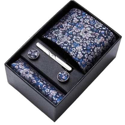 Sophisticated Silk Necktie Ensemble for Men: Complete Set with Necktie, Handkerchief, Cufflinks, and Tie Clips in Gift Box – Perfect Father's Day Gift - Home Fads