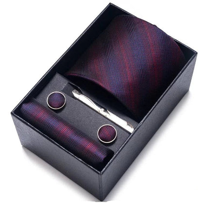 Sophisticated Silk Necktie Ensemble for Men: Complete Set with Necktie, Handkerchief, Cufflinks, and Tie Clips in Gift Box – Perfect Father's Day Gift - Home Fads