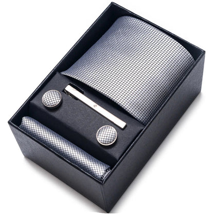 Sophisticated Silk Necktie Ensemble for Men: Complete Set with Necktie, Handkerchief, Cufflinks, and Tie Clips in Gift Box – Perfect Father's Day Gift - Home Fads