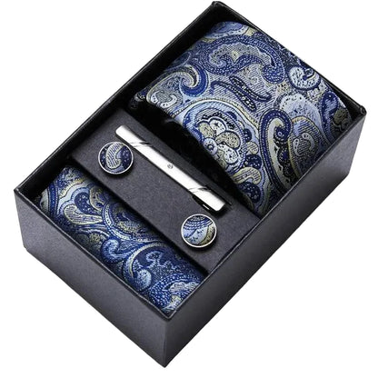 Sophisticated Silk Necktie Ensemble for Men: Complete Set with Necktie, Handkerchief, Cufflinks, and Tie Clips in Gift Box – Perfect Father's Day Gift - Home Fads