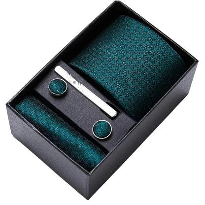 Sophisticated Silk Necktie Ensemble for Men: Complete Set with Necktie, Handkerchief, Cufflinks, and Tie Clips in Gift Box – Perfect Father's Day Gift - Home Fads