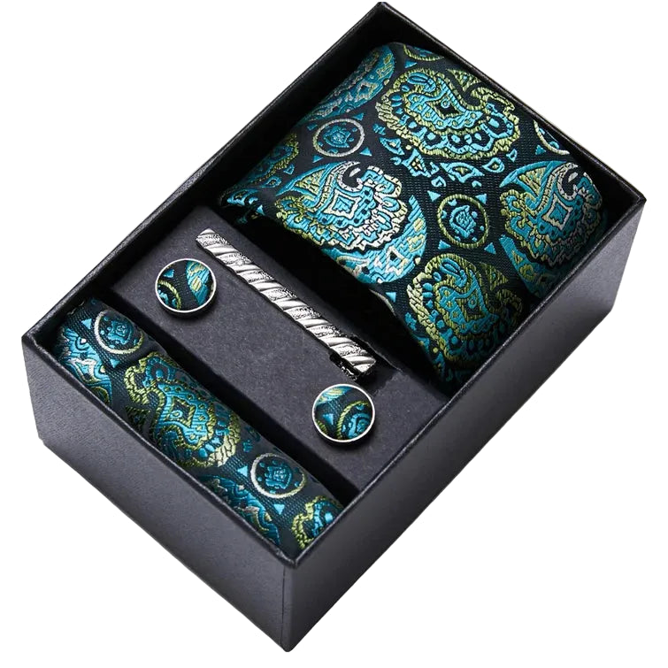 Sophisticated Silk Necktie Ensemble for Men: Complete Set with Necktie, Handkerchief, Cufflinks, and Tie Clips in Gift Box – Perfect Father's Day Gift - Home Fads