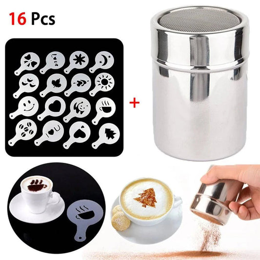 Stainless Steel Coffee Decorating Set: Cocoa Shaker with 16 Stencils - Culinary, Beverage, Baking Kit - Home Fads 