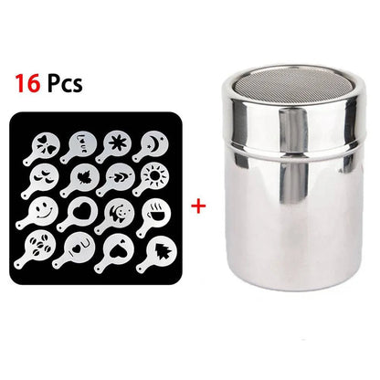 Stainless Steel Coffee Decorating Set: Cocoa Shaker with 16 Stencils - Culinary, Beverage, Baking Kit - Home Fads 