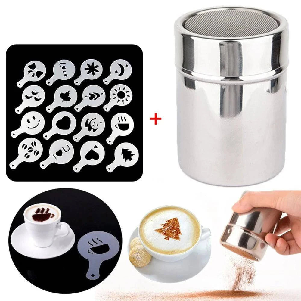 Stainless Steel Coffee Decorating Set: Cocoa Shaker with 16 Stencils - Culinary, Beverage, Baking Kit - Home Fads 