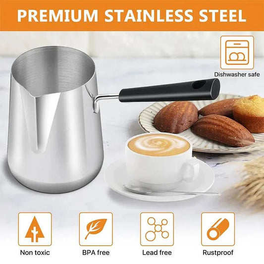 Stainless Steel Long Handle Turkish Coffee Pot with Precision Pouring Spout - C for Stovetop Chocolate Melting Pan - Home Fads 
