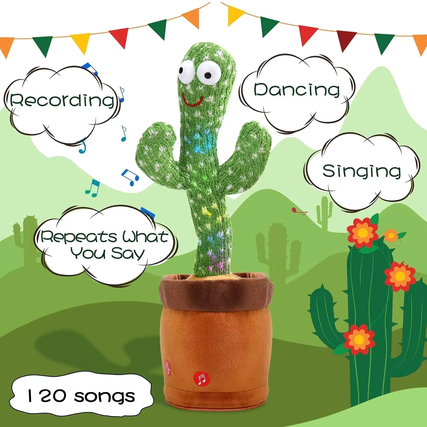 Talking & Voice-Repeat Dancing Cactus Plush Toy – Records, Sings, Dances, Lights Up & Plays 120 Songs – USB Rechargeable - Home Fads 