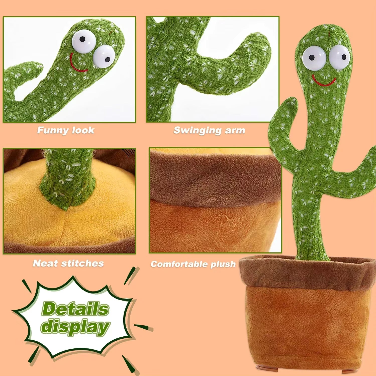 Talking & Voice-Repeat Dancing Cactus Plush Toy – Records, Sings, Dances, Lights Up & Plays 120 Songs – USB Rechargeable - Home Fads 