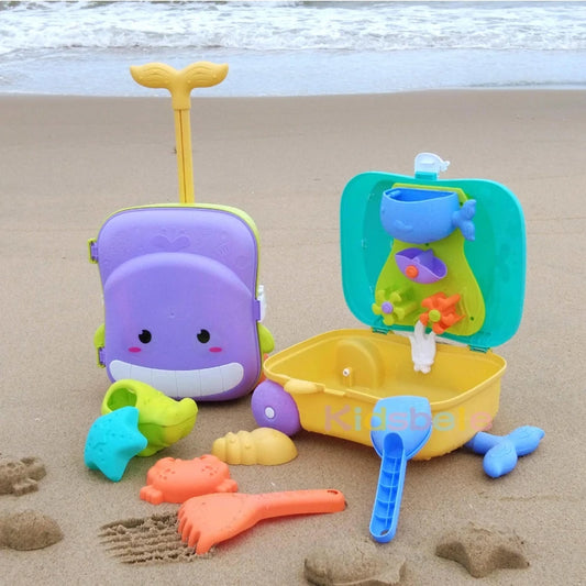 Trolley Beach Toy Set for Kids – Sand and Water Play Kit with Buckets, Molds, Tools & Storage Case - Home Fads 