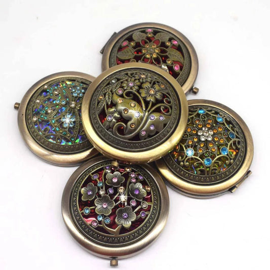 Vintage Butterfly Bronze Pocket Mirror with Diamond Flower Design - Double-Sided Folding Makeup Mirror - Perfect for Wedding Favors & Gifts - Home Fads 