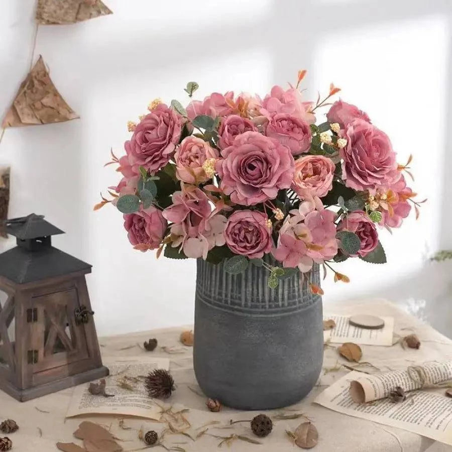Vintage Silk Rose Bouquet Hydrangea Peony Artificial Flowers - Wedding Home Decoration - Home Fads 