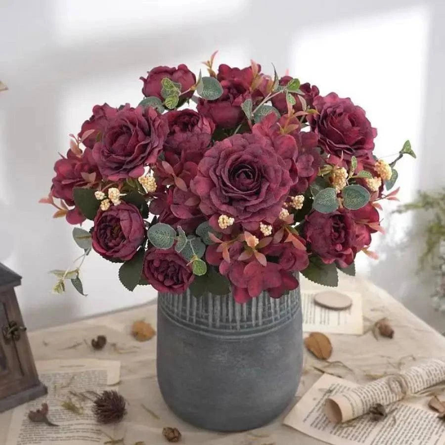 Vintage Silk Rose Bouquet Hydrangea Peony Artificial Flowers - Wedding Home Decoration - Home Fads 