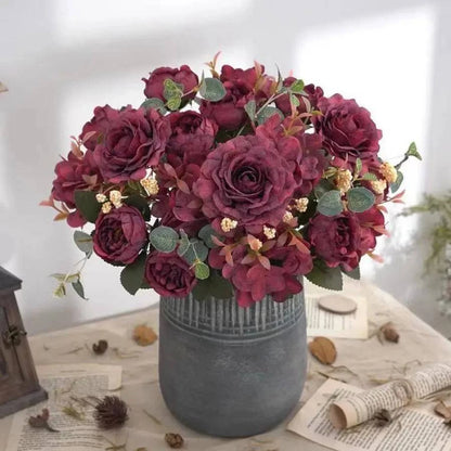 Vintage Silk Rose Bouquet Hydrangea Peony Artificial Flowers - Wedding Home Decoration - Home Fads 