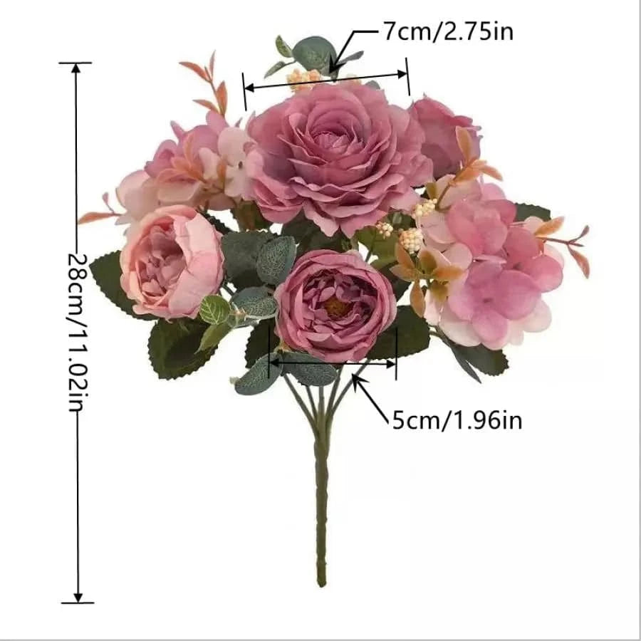 Vintage Silk Rose Bouquet Hydrangea Peony Artificial Flowers - Wedding Home Decoration - Home Fads 