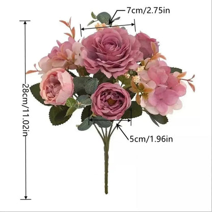 Vintage Silk Rose Bouquet Hydrangea Peony Artificial Flowers - Wedding Home Decoration - Home Fads 