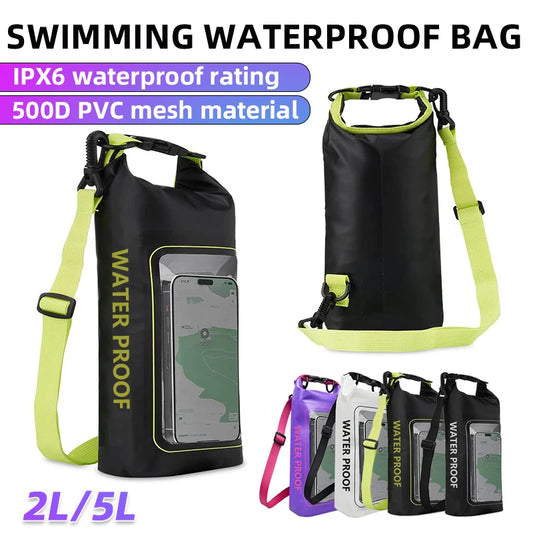 Waterproof PVC Dry Bag – 2L/5L Floating Storage with Phone Holder & Strap for Trekking, Boating, Rafting & Water Sports