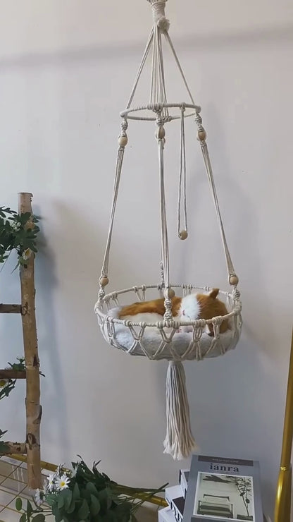 Large Macrame Cat Hammock - Handwoven Hanging Swing Bed for Cats and Small Dogs - Premium Cotton Pet Accessories - Home Fads