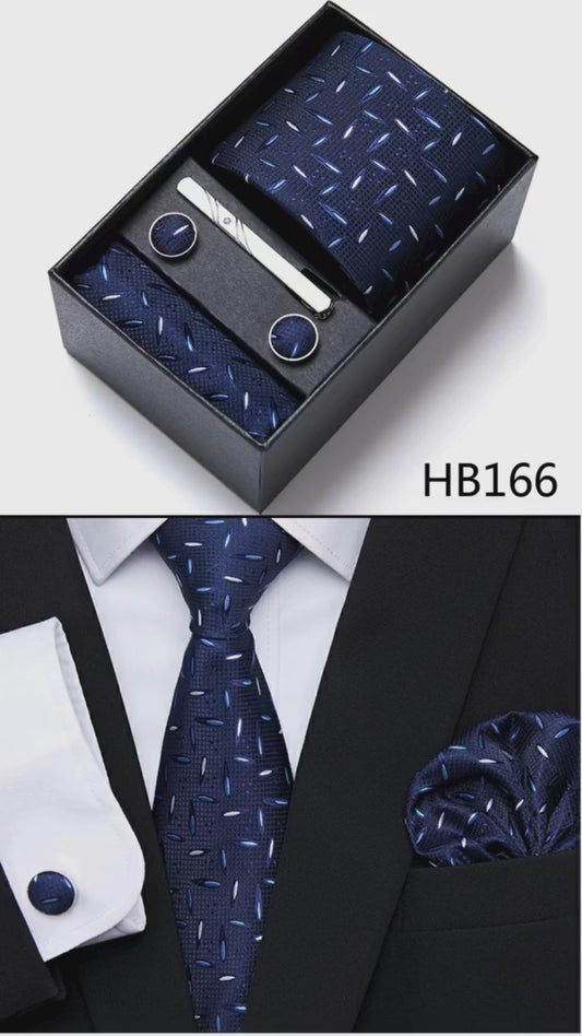Sophisticated Silk Necktie Ensemble for Men: Complete Set with Necktie, Handkerchief, Cufflinks, and Tie Clips in Gift Box – Perfect Father's Day Gift - Home Fads