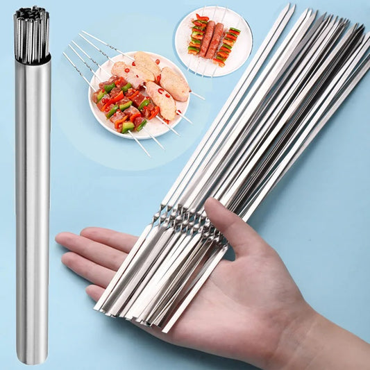 Juego de brochetas reutilizables de acero inoxidable para barbacoa, paquete de 10 o 15, dos tamaños (28 cm y 33 cm). Ideales para barbacoas, picnics y parrilladas. El tubo de almacenamiento se vende por separado